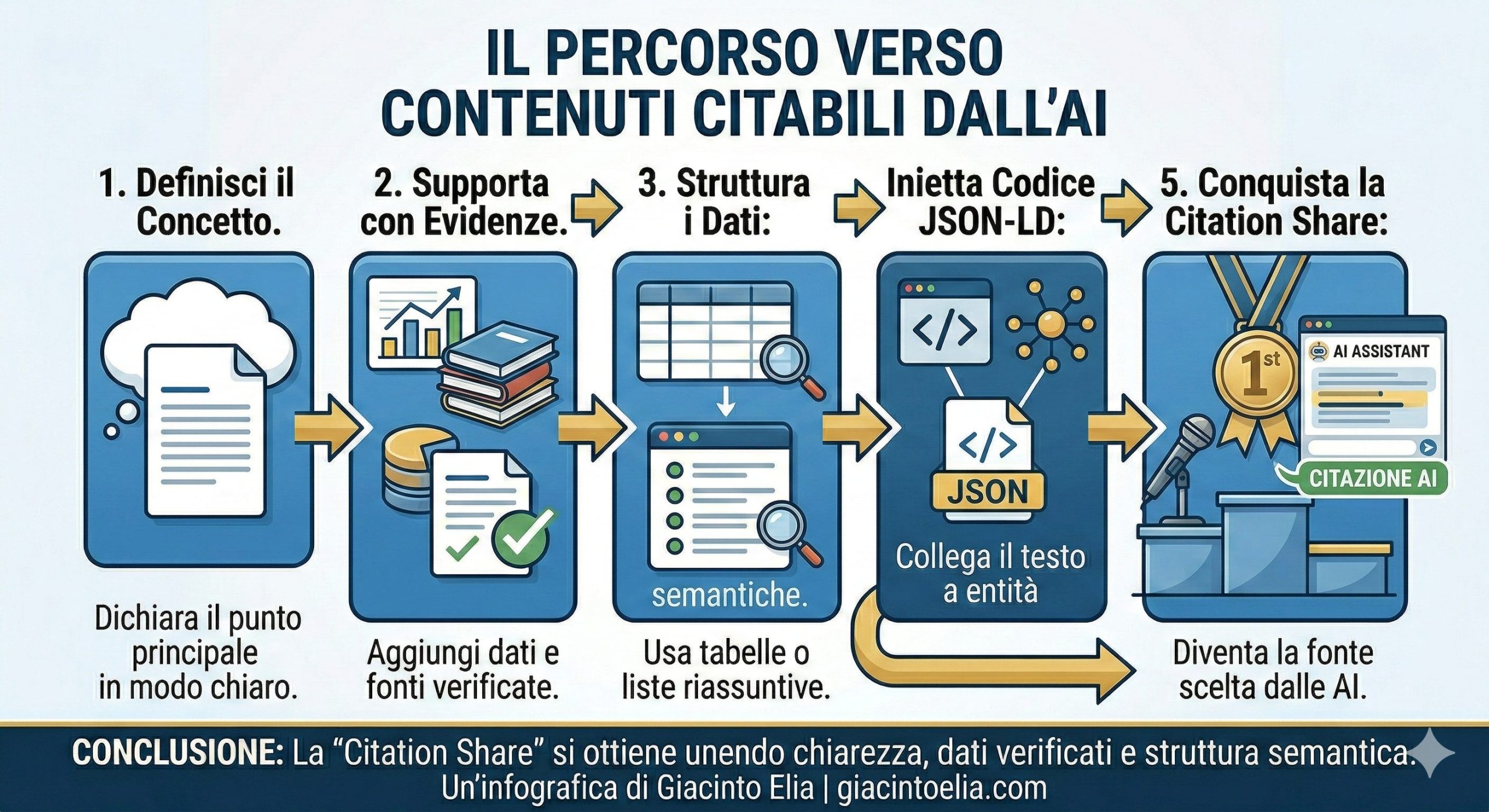 Infografica: Il percorso tecnico verso contenuti citabili dall'AI | Giacinto Elia Infografica: Il percorso tecnico verso contenuti citabili dall'AI | Giacinto Elia