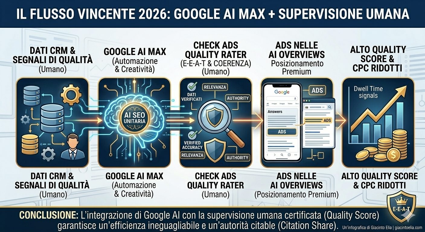 Infografica flusso vincente Google AI Max e supervisione umana | Giacinto Elia